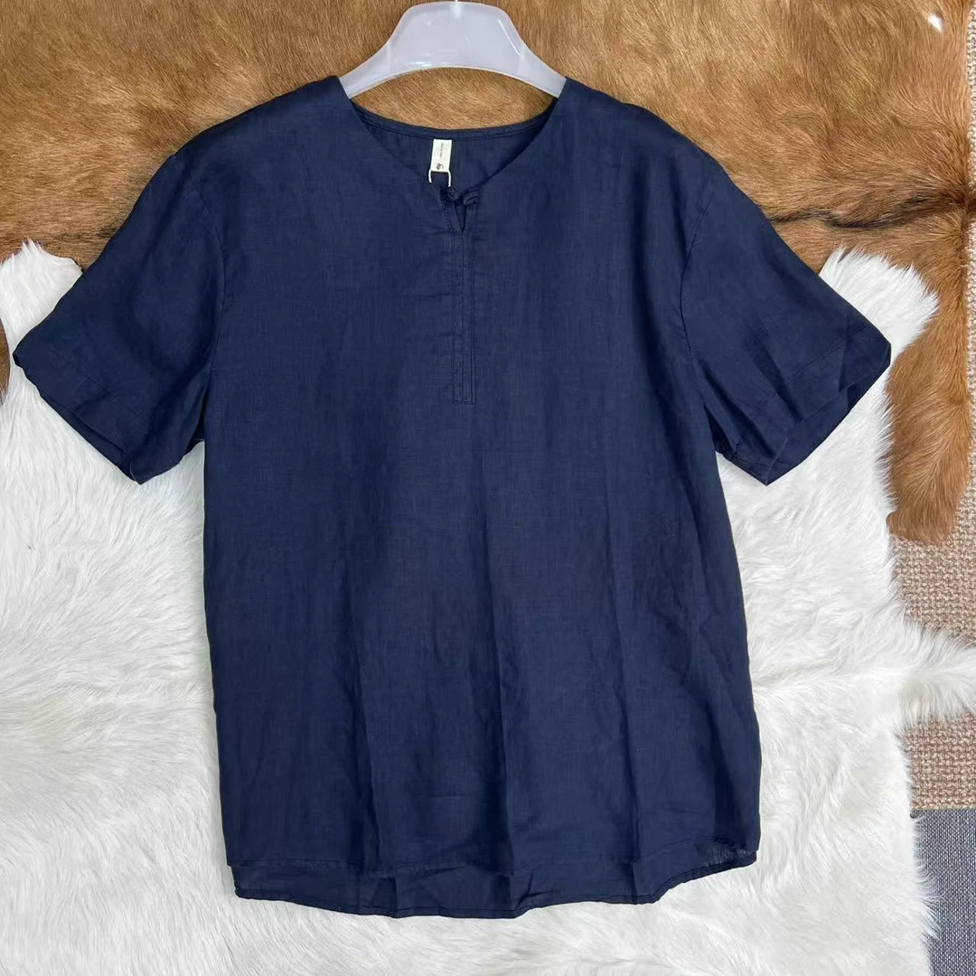 新款 100%亚麻 中式国风 盘扣半开襟 圆领亚麻短袖T恤 5307