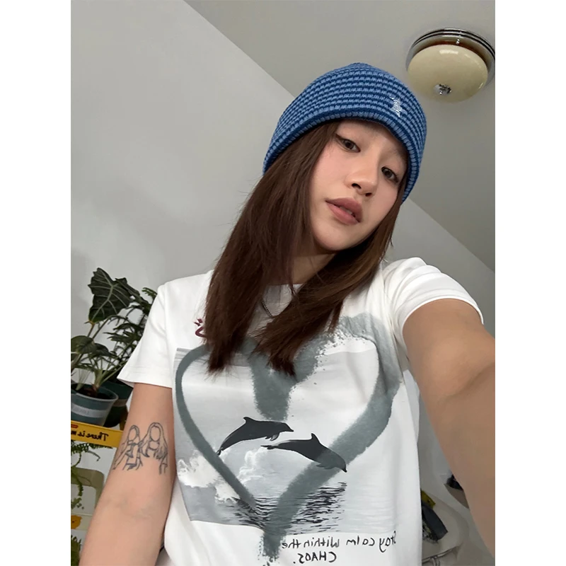 川川也CCYE美式复古原创设计正肩短袖修身t恤圆领爱心印花上衣