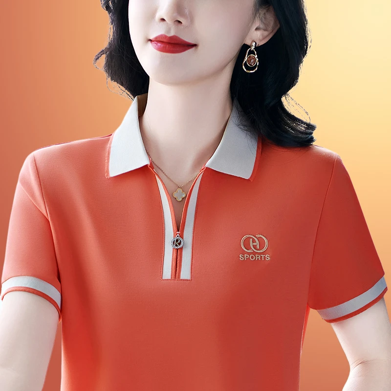 中年妈妈翻领大码冰丝短袖t恤女士夏季2025新款高端时尚爆款上衣