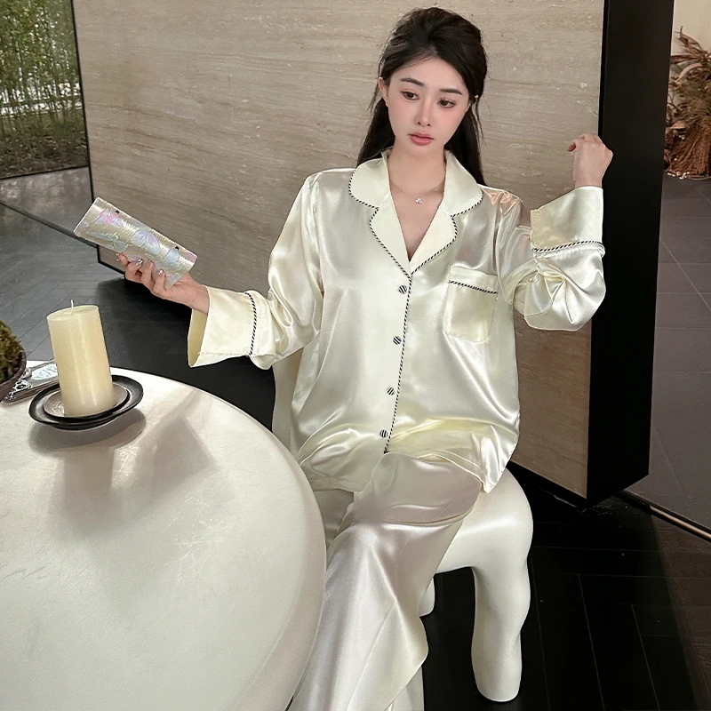2025春夏新款高级定制冰雪丝缎面丝柔光长袖长裤家居服套装睡衣