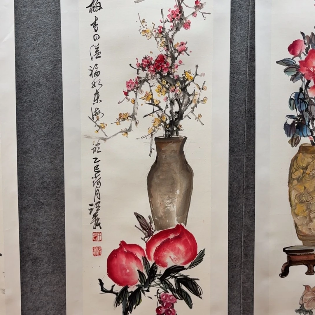 国画三尺对开作品花鸟