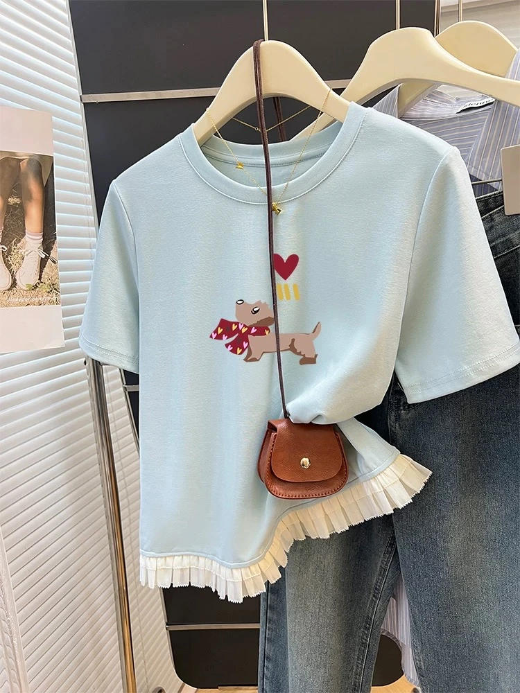 中大童蕾丝花边短袖T恤夏季2025新款卡通女童假两件百搭洋气上衣