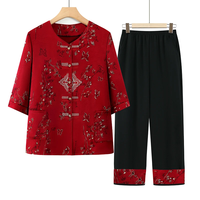 中老年女装妈妈装新款衬衫两件套奶奶夏装唐装喜庆套装老人衣服