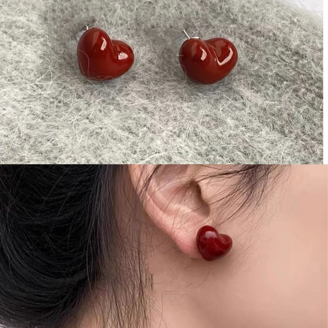 合金仿珍珠耳饰 F117安可拉红色爱心耳钉