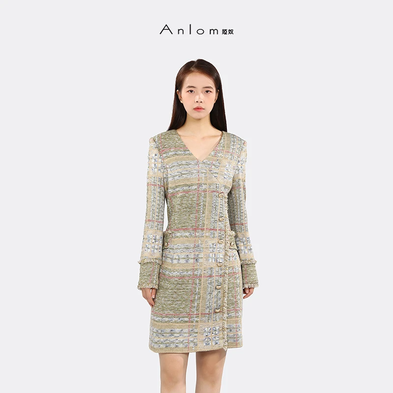 Anlom/娅奴连衣裙秋冬桑蚕丝套头中长款毛衣裙格纹打底裙