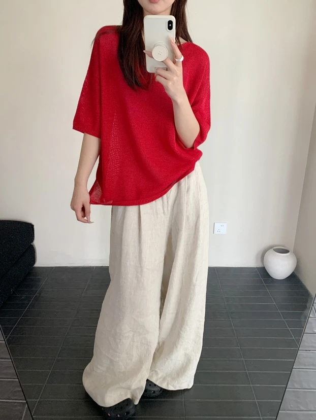 【夏.进口和纸纱】2025新款夏装 短袖女款爆款慵懒风针织上衣 冰凉