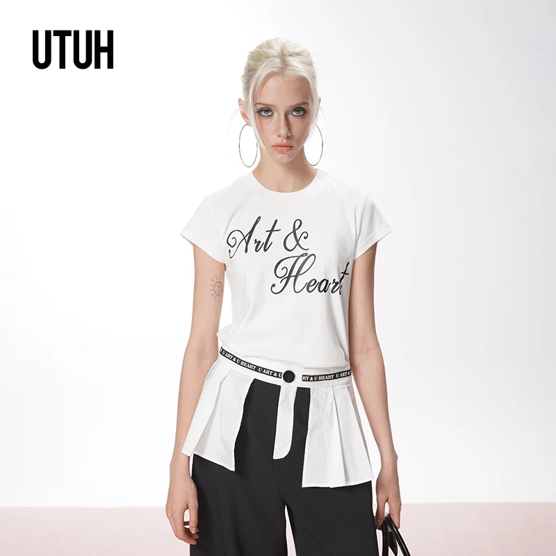 UTUH白/玫红色圆领高品质棉感印花修身T恤2025春夏新款TDWWS1T041
