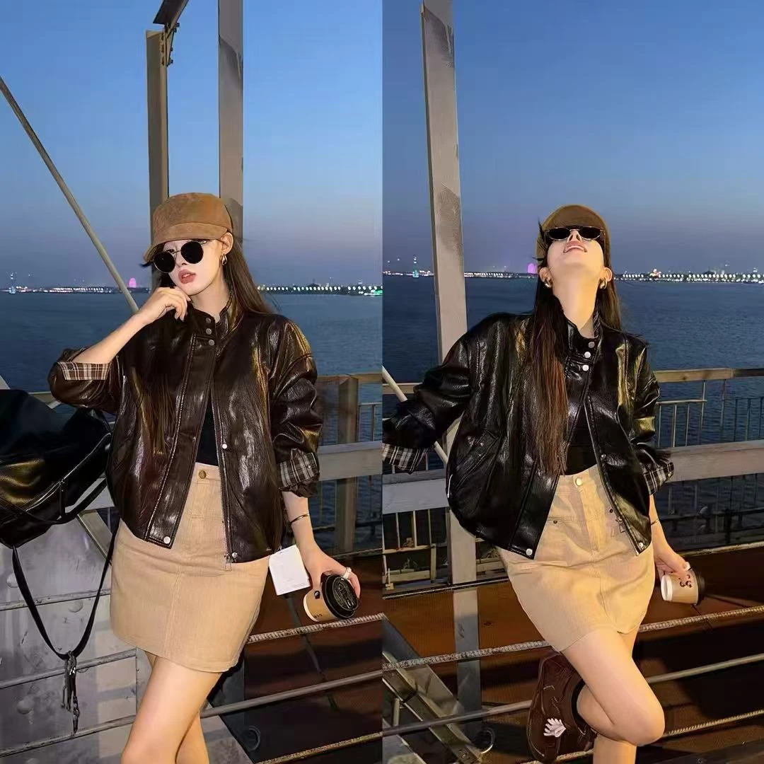 宽松水洗复古港风女装立领短外套秋季皮衣皮夹克网红