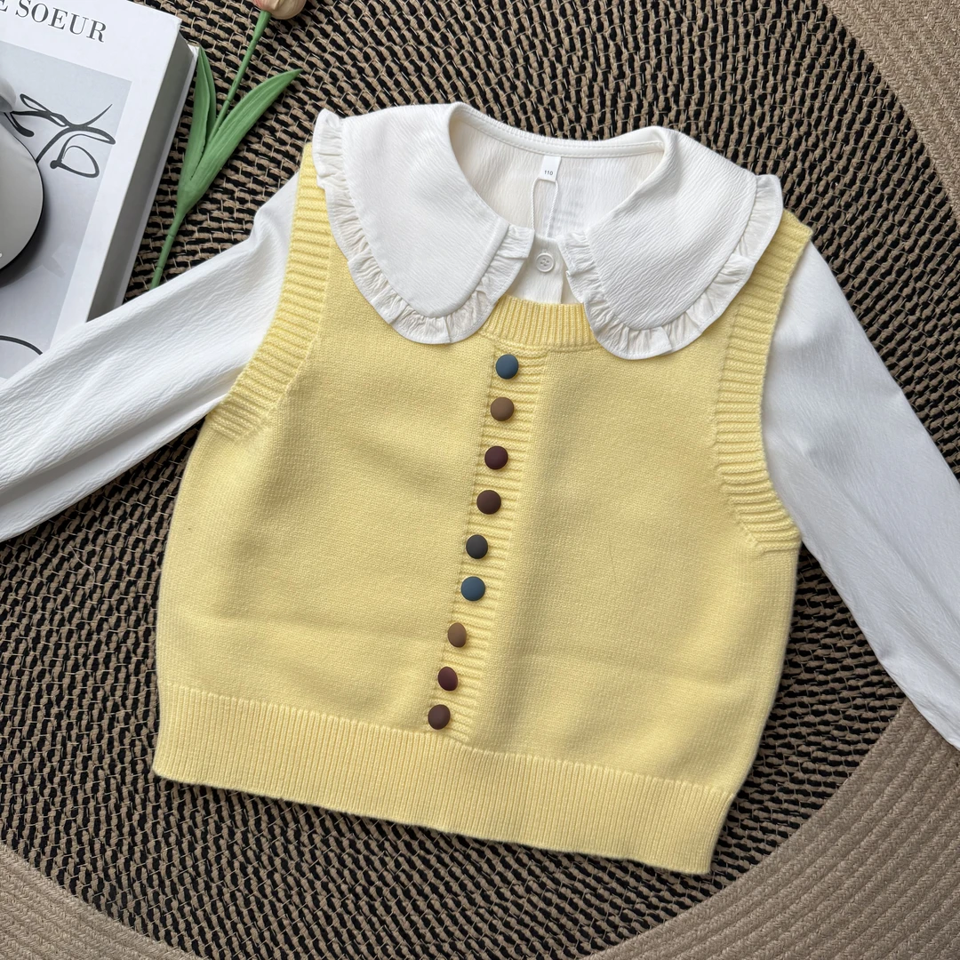 【亲子装】爱依服2025女童新款春季针织时尚洋气毛织背心衬衫套装