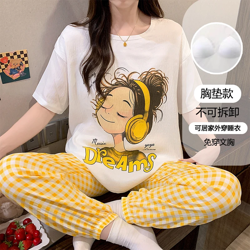 带胸垫卡通短袖长裤可外出睡衣女夏季休闲简约睡衣家居服套装6033