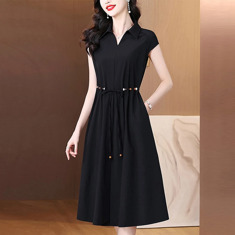 大码女装气质连衣裙女2025夏季新款妈妈装系带收腰中长款裙子