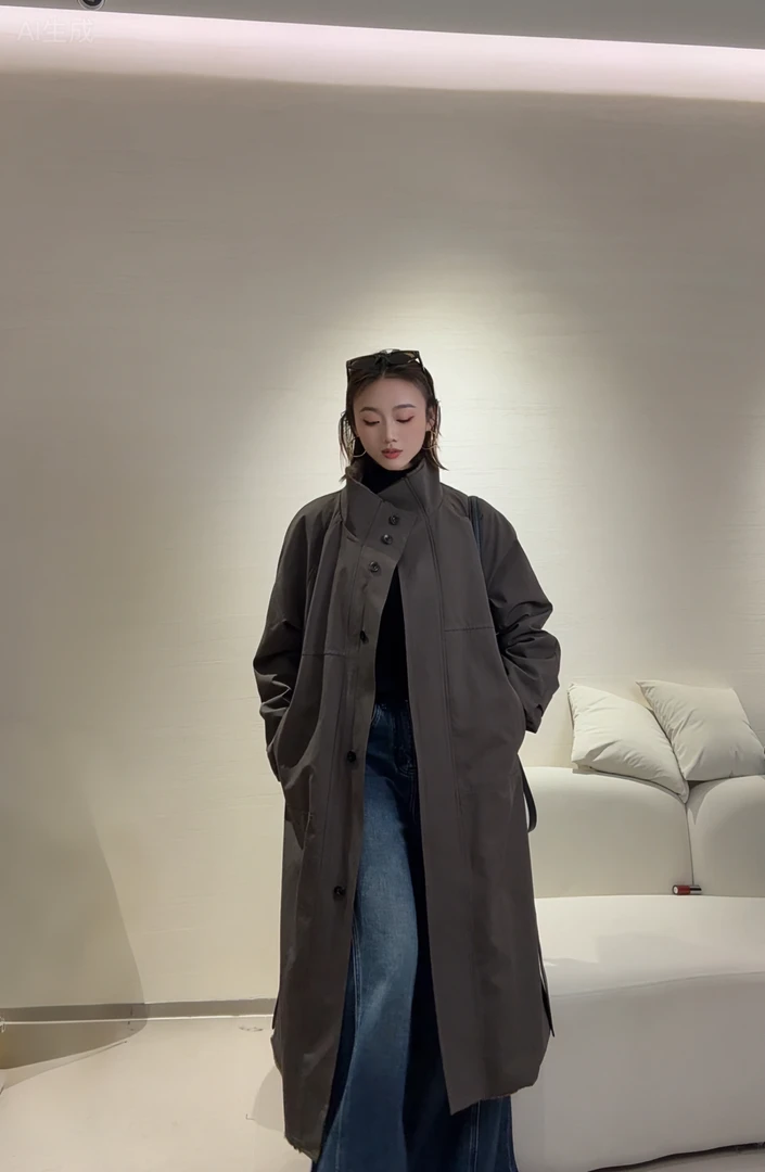 长袖单排扣显瘦女常规收腰气质中长款（6688#）款风衣休闲大衣外套