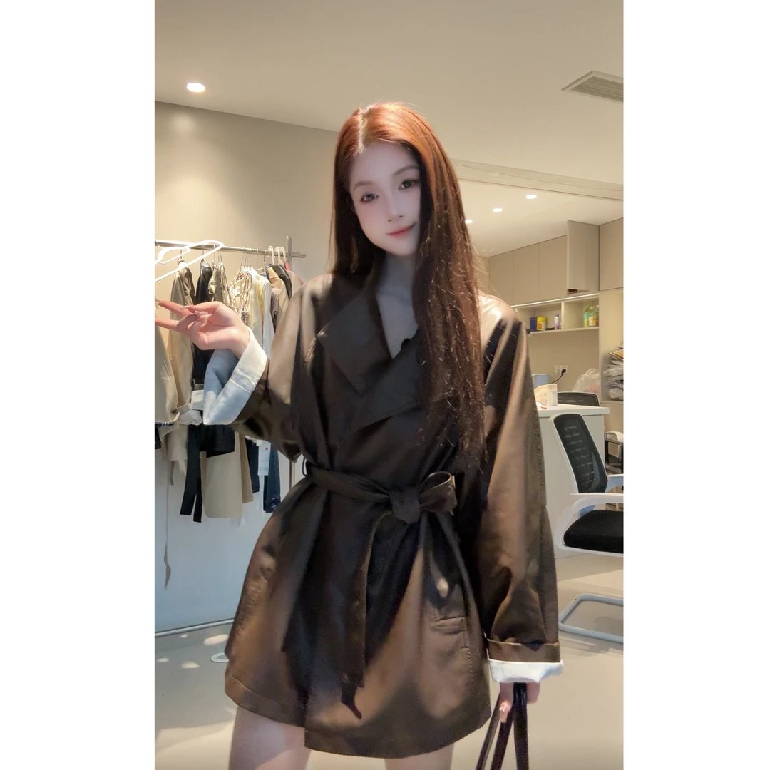 秋季新款皮衣外套女绑带高级设计感皮夹克街头气质收腰短款机车服