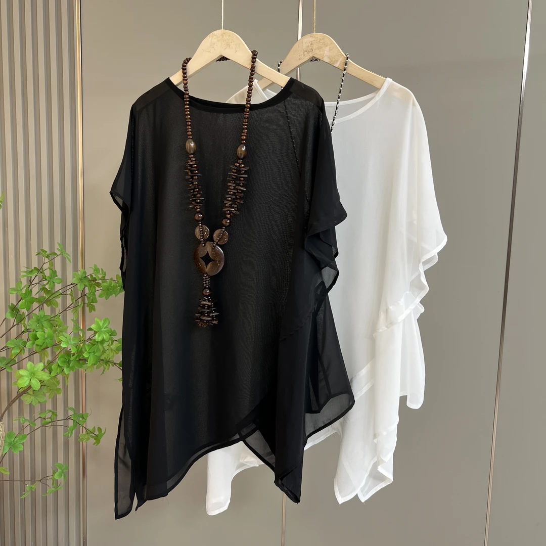 1223/1224 轻盈飘逸黑色朦胧神秘不对称夏季百搭时尚女款防晒纱