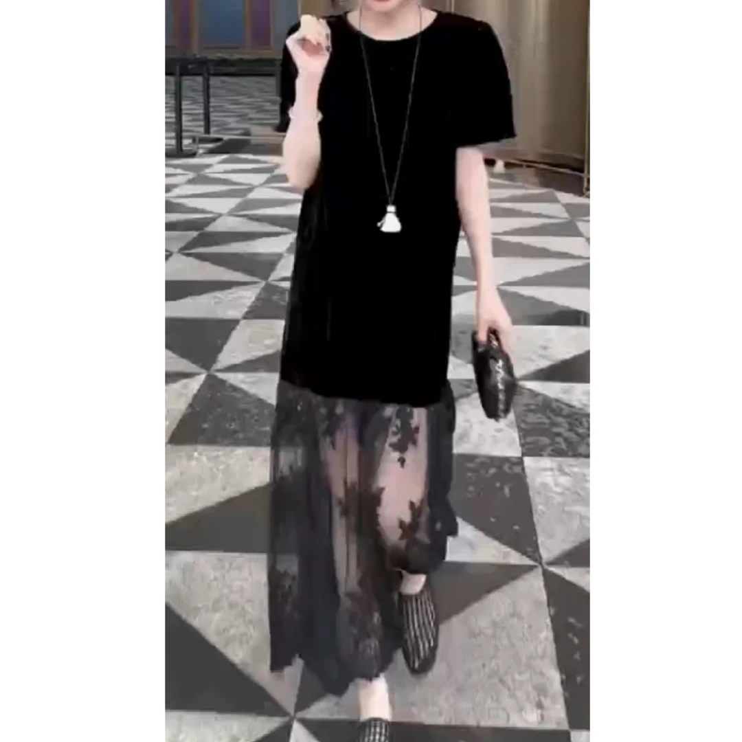 2025夏季新款时尚减龄质感高级丝绒短袖蕾丝拼接显瘦连衣裙Z5566