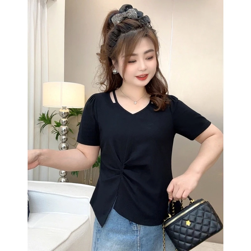 胖MM大码女装夏季显瘦2025新款v领2025流行短袖新款不规则t恤女
