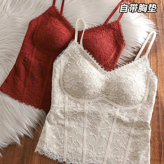 独特复古蕾丝吊带背心女一体内衣长款早秋内搭打底带胸垫免穿文胸