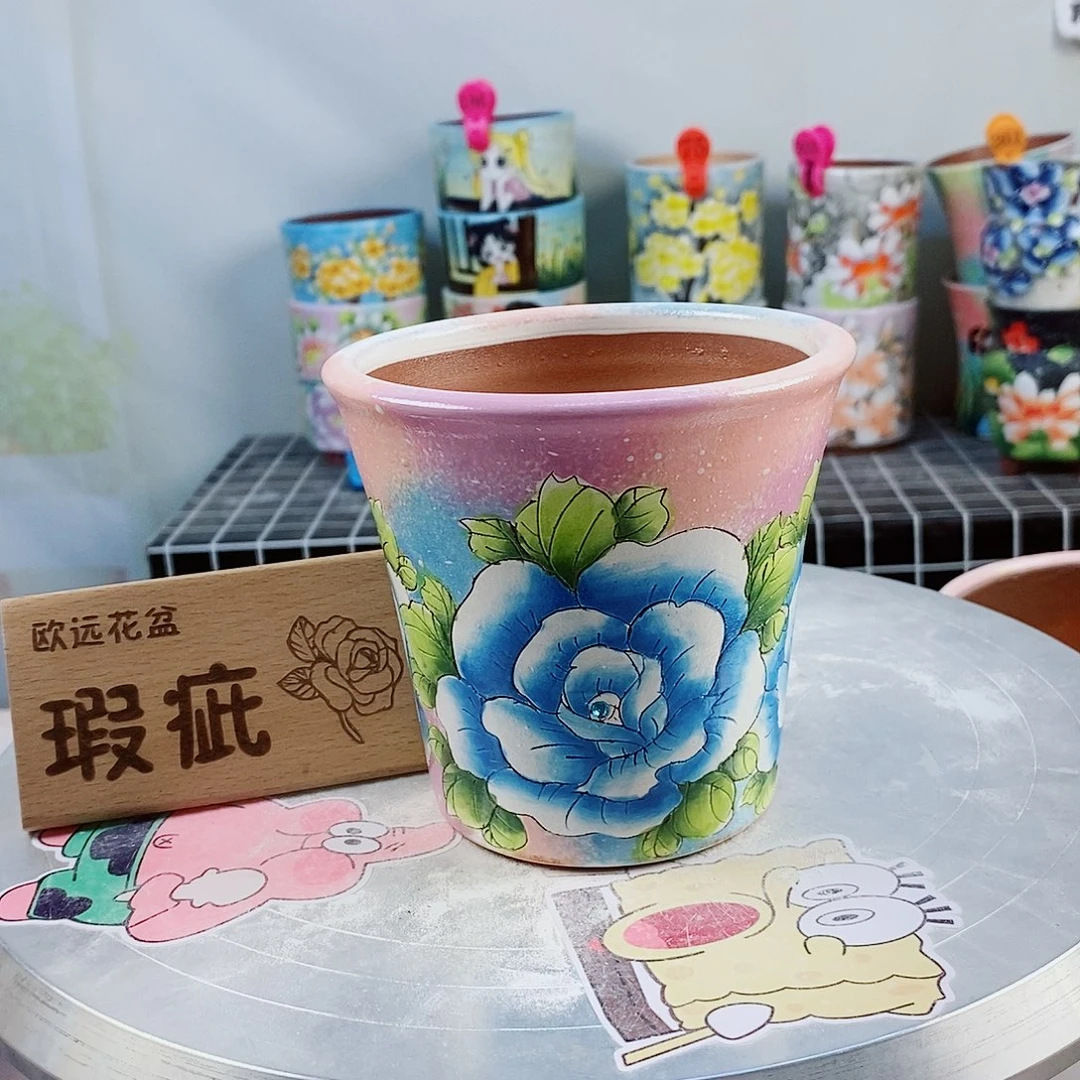 紫砂花盆红陶手绘花盆