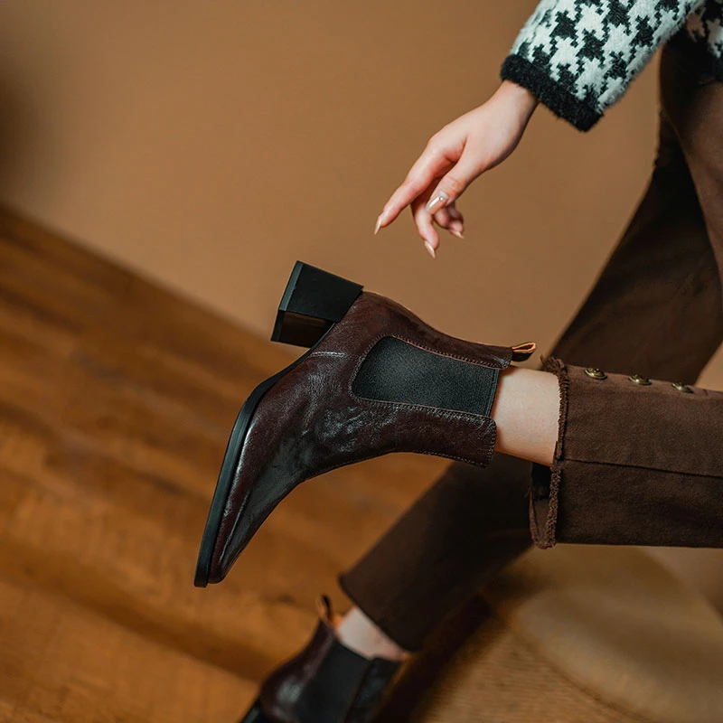 断码清仓处理/切尔西靴/头层羊皮粗跟短靴/跟高5.5厘米428