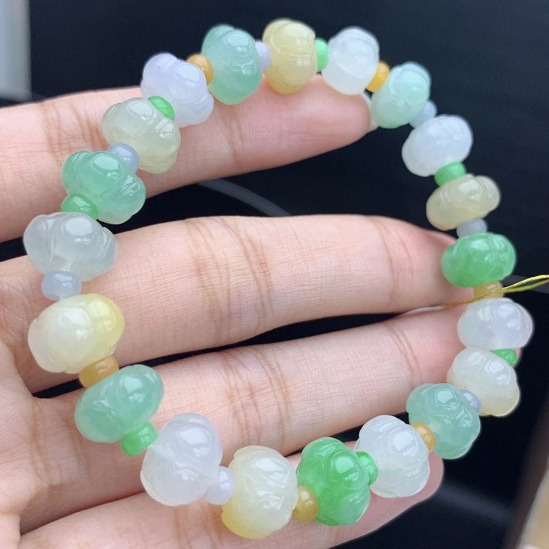 缅甸A货翡翠多宝南瓜珠特色莲花手链手串单圈5YX2T20卡4.2-10.6mm