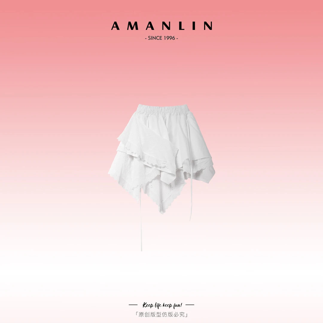 AMANLIN/阿谩琳时尚不规则显瘦高腰纯色蕾丝欧若风短裙女D595979