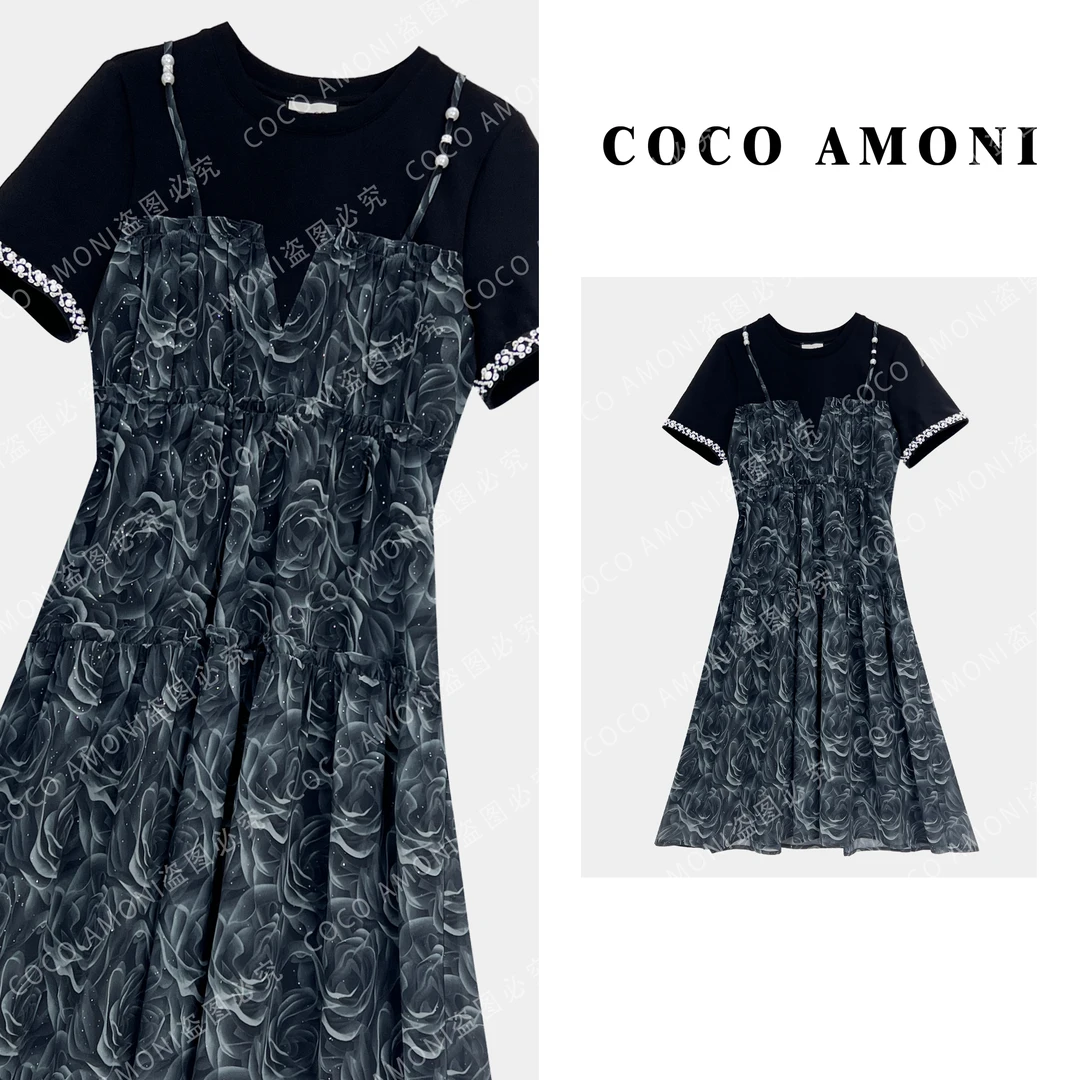 {曼姐}轻奢时尚新款女装拼接重工亮钻碎花显瘦气质连衣裙AC251