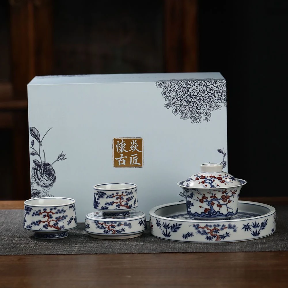 景德镇青花釉里红梅花盖碗泡茶碗二才悬停枢府釉盖碗大壶承复古色