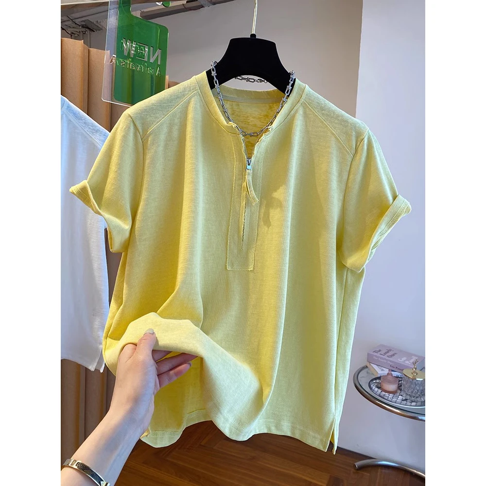 胖妹妹240斤大码高级感黄色半拉链t恤女短袖2025新款宽松开叉上衣