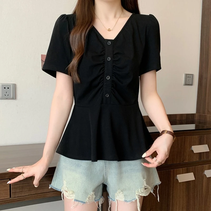 大码遮肚子褶皱V领正肩短袖T恤女夏季微胖MM修身显瘦百搭洋气上衣