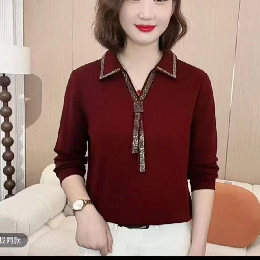 爆款打底衫妈妈装2025春秋季新款翻领长袖t恤女上衣