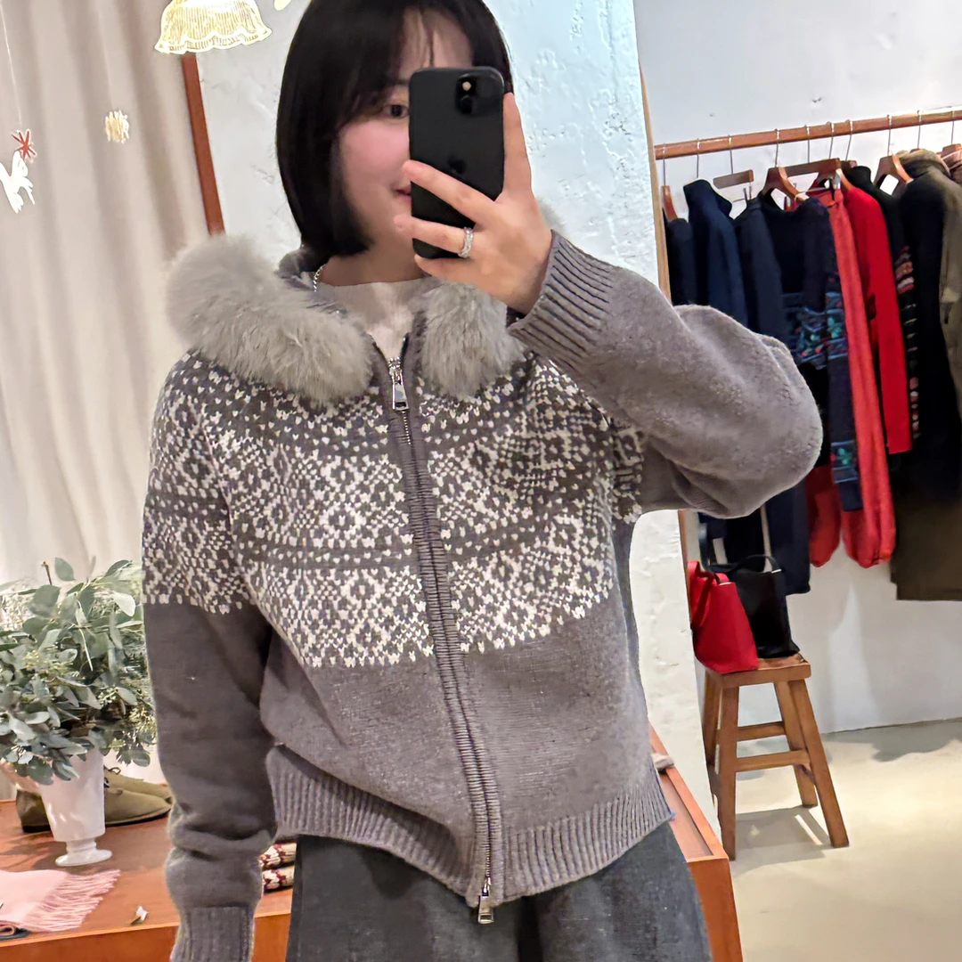 TOTHEND“淡人天菜”可拆卸真狐狸毛领费尔岛全羊毛针织开衫