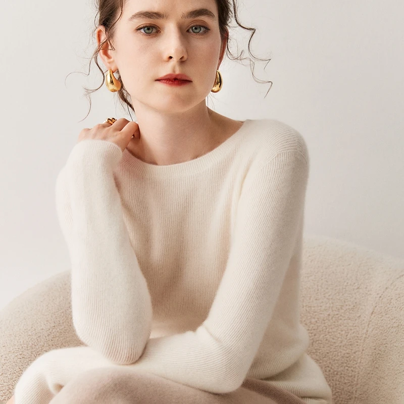 JQRC无缝软糖100%柔软打底衫山羊绒羊毛针织简约圆领修身显瘦上衣