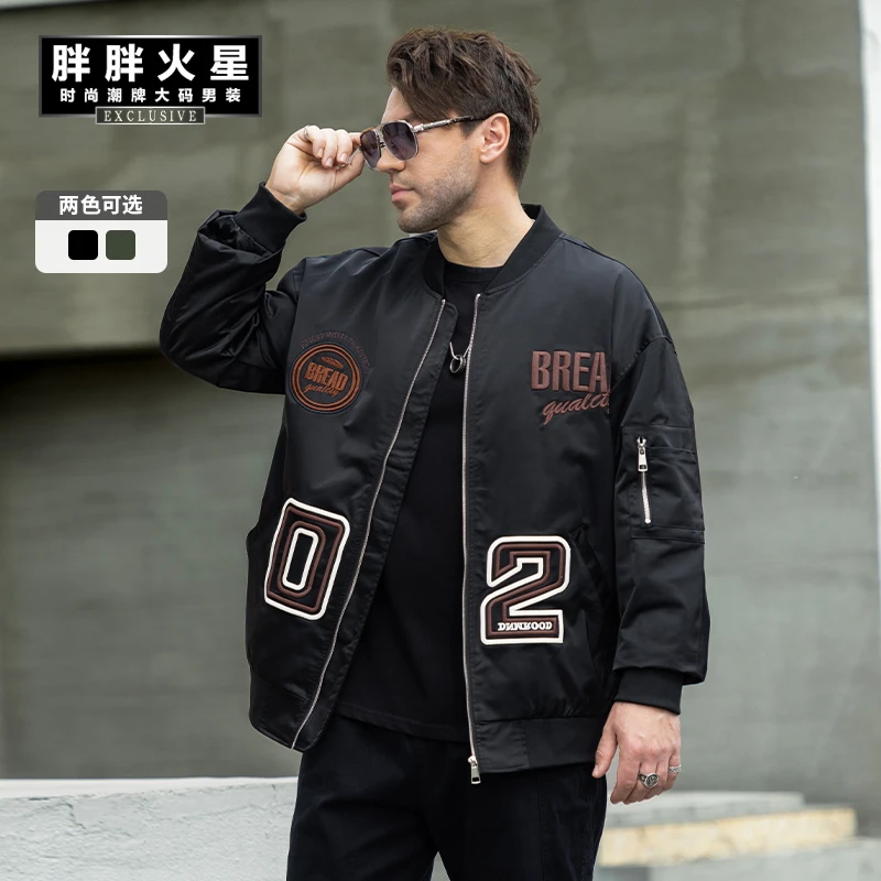 秋冬季大码男装美式复古重工刺绣棒球服加棉加厚宽松潮流夹克外套