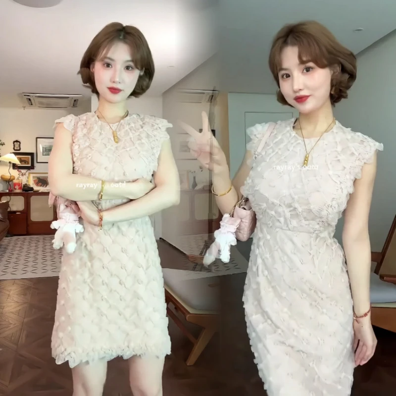 春季法式无袖蕾丝网纱收腰菱格气质连衣裙少女收腰中长款裙子女