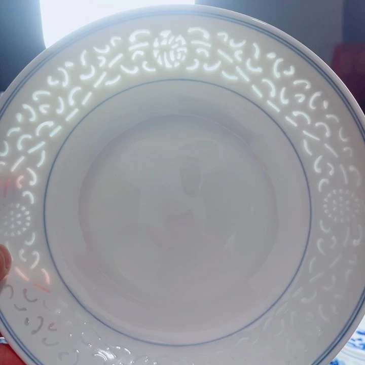 青花玲珑8寸窝盘满雕双福双线