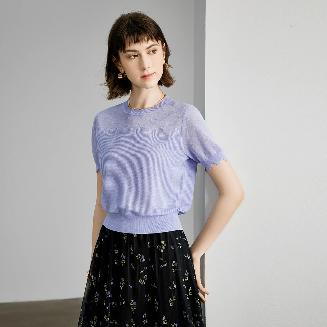 颜域优雅气质薄款针织衫女2025简约紫色短袖60S412009