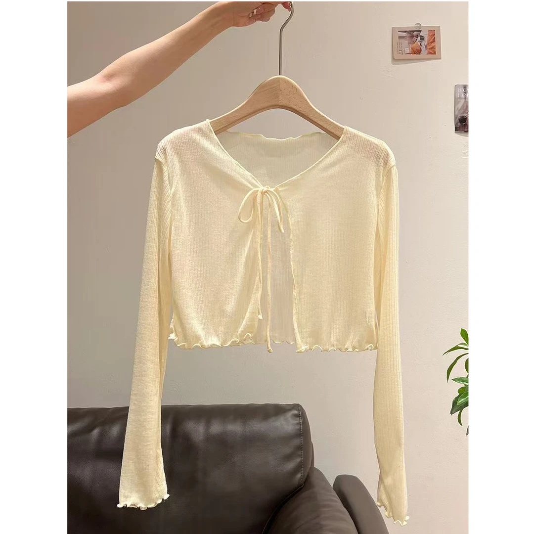 夏季韩版开衫薄款防晒外搭配吊带裙披肩木耳边针织系带外套罩衫女