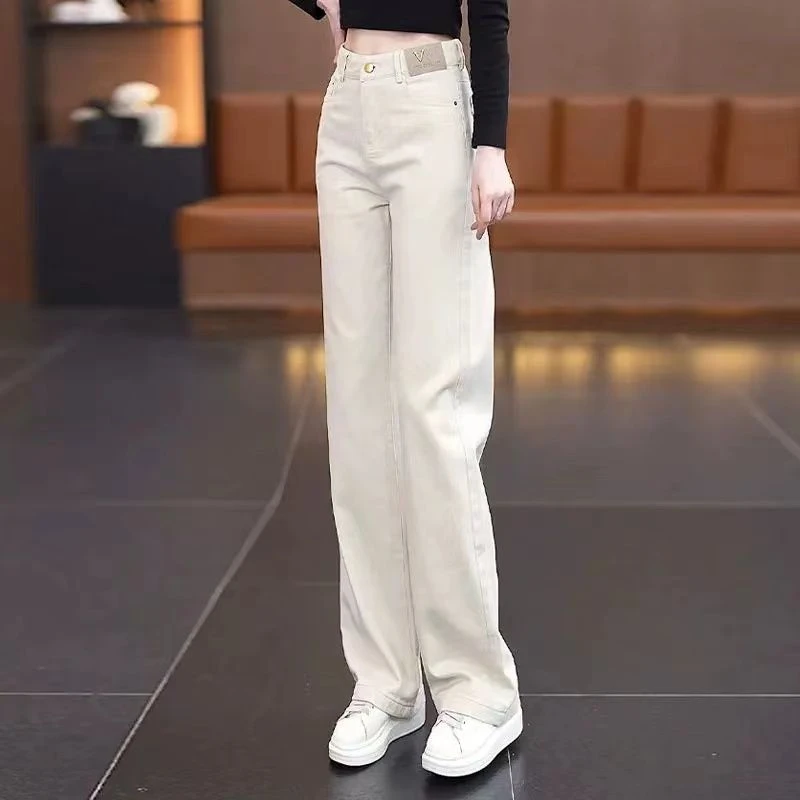 米白色牛仔直筒裤女2025夏季薄款新款休闲女裤高腰显瘦窄版阔腿裤