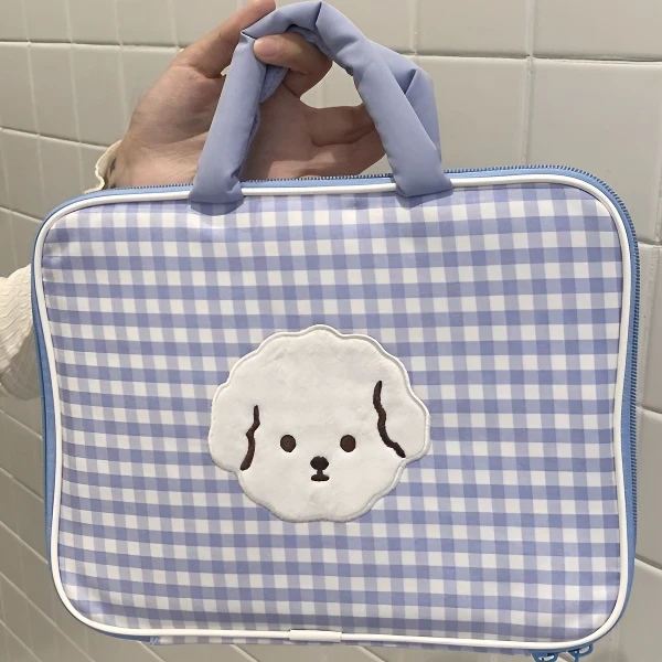 笔记本手提包简约刺绣棋盘格可爱卡通手提电脑收纳包平板保护套Q