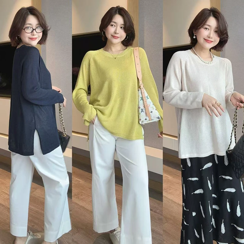 【DIS 定制】【柔软秋色】早秋百搭宽松慵懒风圆领开叉毛衣Z525Z13740