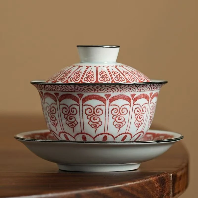 青花红色卷草纹三才盖碗复古家用功夫茶具泡茶专用敬茶碗0728