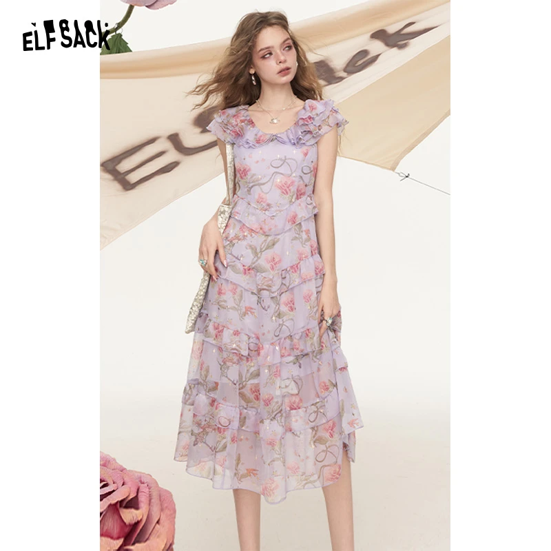 妖精的口袋法式荷叶边碎花连衣裙女2025夏季新款气质收腰度假裙子