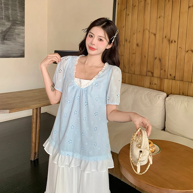 5791大码蓝色短袖衬衫女宽松衬衣法式洋气上衣夏蕾丝下摆娃娃衫