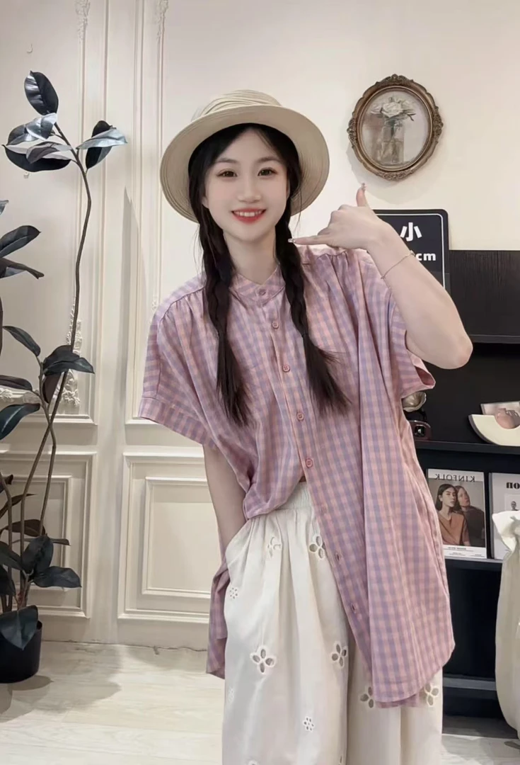 【粉色小心情】夏季韩系文艺显瘦短袖宽松衬衫