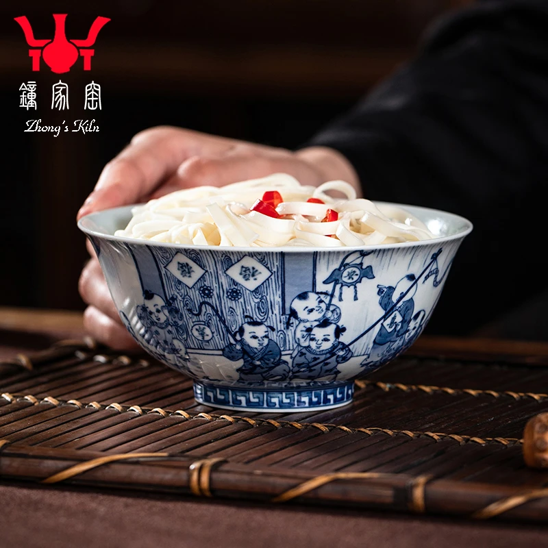 钟家窑陶瓷饭碗 柴窑青花手绘九子闹新春正德饭碗小面碗个人专用