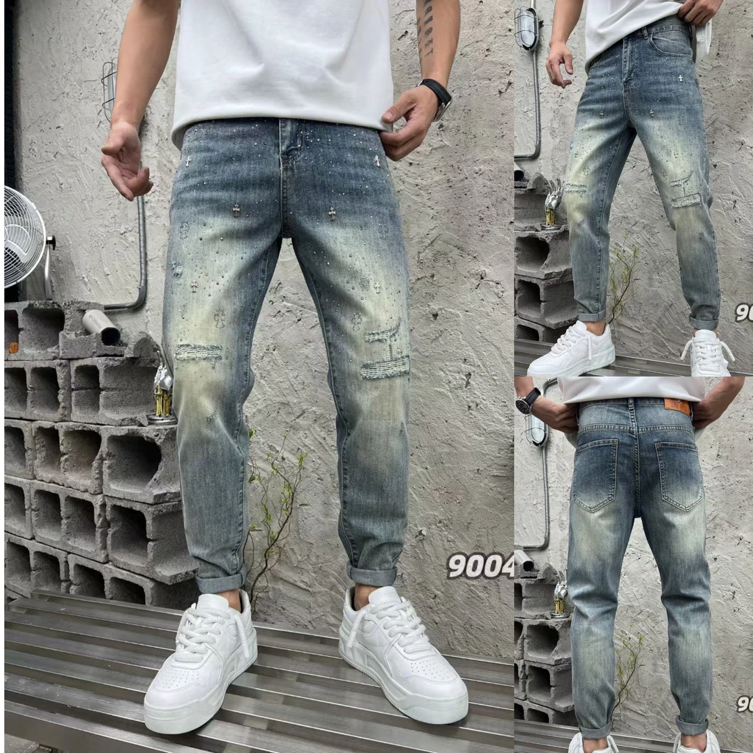 牛仔裤时尚休闲小直筒夏季潮流破洞弹力水洗