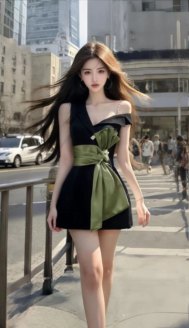 夏季新款黑色斜领收腰绿色系带设计连衣裙女小众时尚高级优雅气质