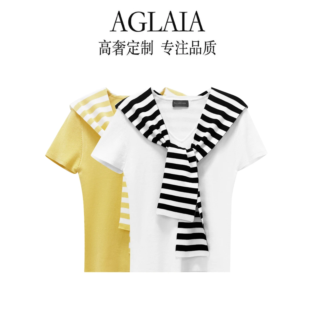 AGLAIA夏季新款两件套披肩时尚洋气修身显瘦正肩短袖T桖6070