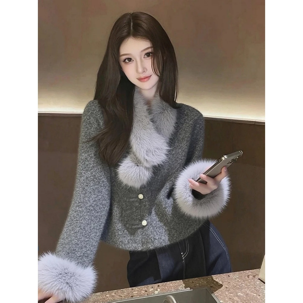 韩系名媛气质小香风设计感轻奢减龄洋气高级感灰色毛茸外套女秋冬