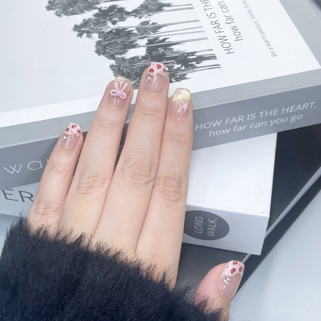 「粉蓝星」春季新款粉蓝色豹纹可爱少女心猫眼蝴蝶结纯手工穿戴甲